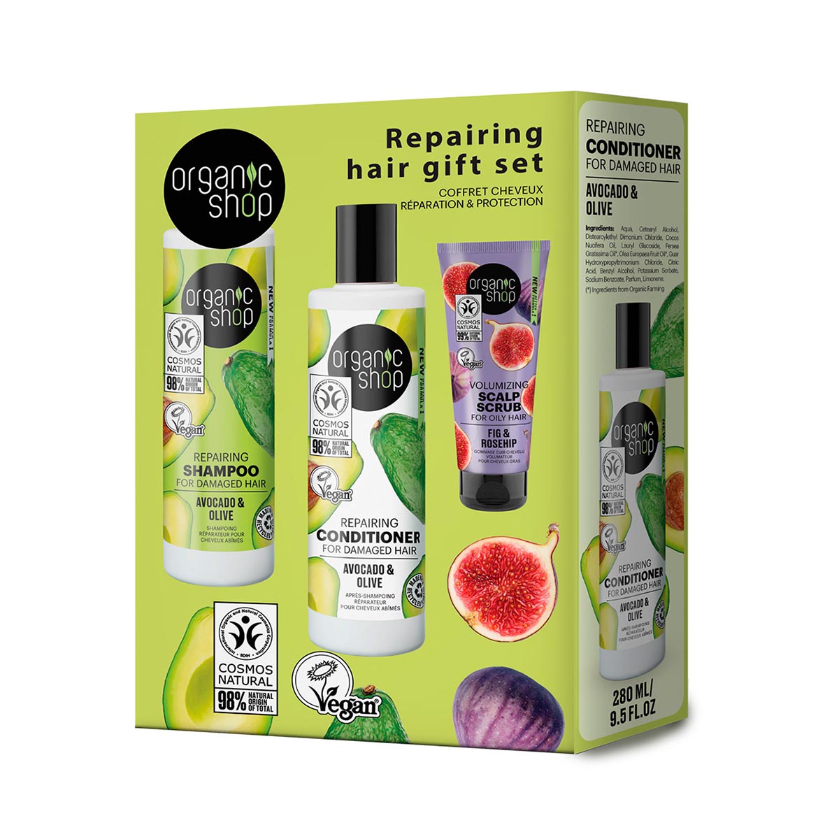 Organic Shop Avocado Shampoo 280ml Avocado Conditioner 280ml Fig Body Scrub 75ml